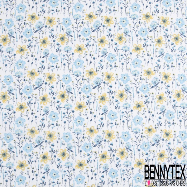 Toile lorraine coton imprimé fleur champêtre pêche moutarde fond blanc discret