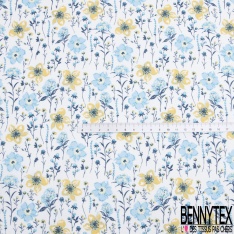 Toile lorraine coton imprimé fleur champêtre pêche moutarde fond blanc discret
