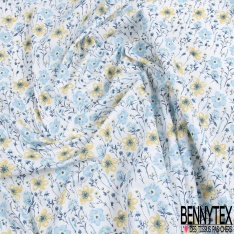 Toile lorraine coton imprimé fleur champêtre pêche moutarde fond blanc discret
