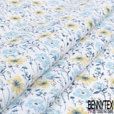 Toile lorraine coton imprimé fleur champêtre pêche moutarde fond blanc discret