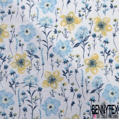 Toile lorraine coton imprimé fleur champêtre pêche moutarde fond blanc discret