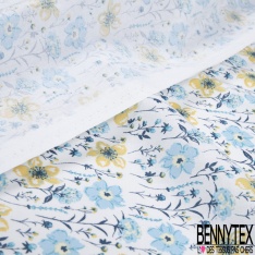Toile lorraine coton imprimé fleur champêtre pêche moutarde fond blanc discret