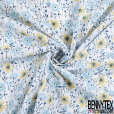 Toile lorraine coton imprimé fleur champêtre pêche moutarde fond blanc discret