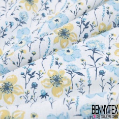 Toile lorraine coton imprimé fleur champêtre pêche moutarde fond blanc discret