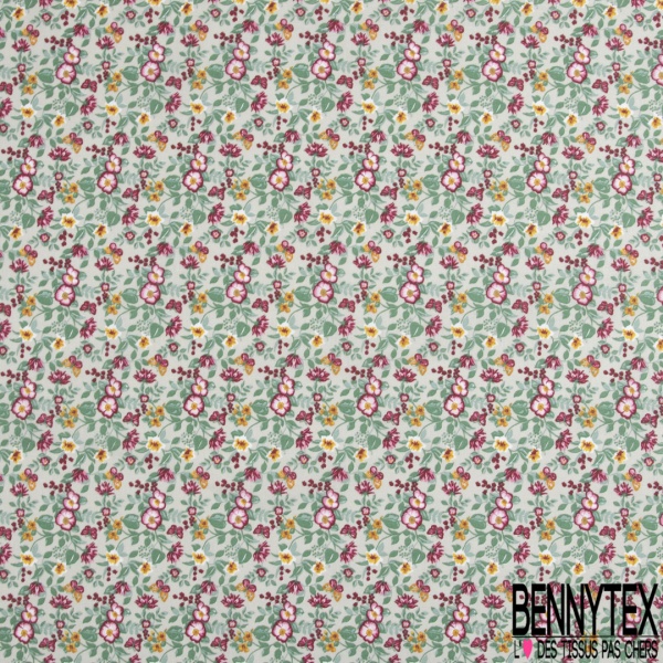 Toile lorraine coton imprimé petite fleur champêtre fond vert de gris pastel