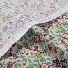 Toile lorraine coton imprimé petite fleur champêtre fond vert de gris pastel