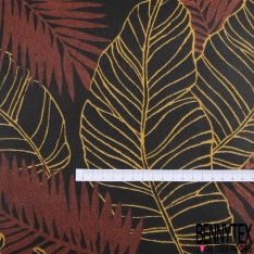 Coton enduit imprimé feuillage tropicale géant sapin or de pépite fond noir