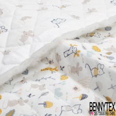 Coton Matelassé imprimé recto panda en indien fond bleu charron verso pois blanc fond bleu charron