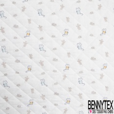 Coton Matelassé imprimé recto panda en indien fond bleu charron verso pois blanc fond bleu charron