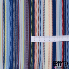 Coupon 3m crêpe polyester petit motif seventie's géométrique blanc pétrole acajou