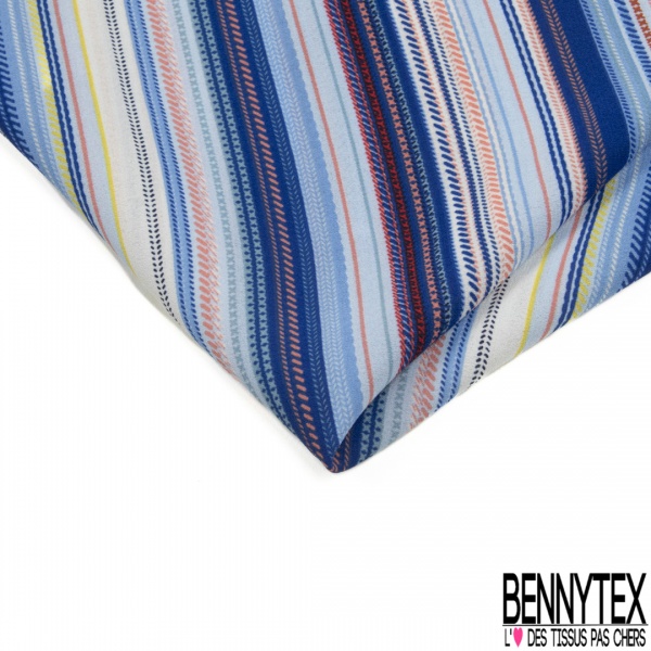Coupon 3m crêpe polyester petit motif seventie's géométrique blanc pétrole acajou