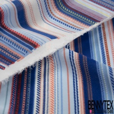 Coupon 3m crêpe polyester petit motif seventie's géométrique blanc pétrole acajou