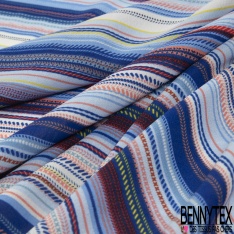 Coupon 3m crêpe polyester petit motif seventie's géométrique blanc pétrole acajou