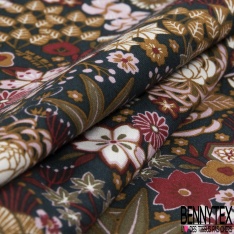Toile Mayotte viscose imprimé flamme de bougie navy rouge turquoise ocre écru fond indigo