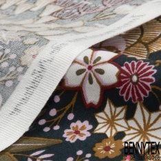 Toile Mayotte viscose imprimé flamme de bougie navy rouge turquoise ocre écru fond indigo