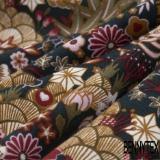 Toile Mayotte viscose imprimé flamme de bougie navy rouge turquoise ocre écru fond indigo