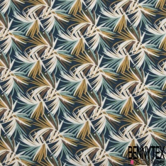 Toile Mayotte viscose imprimé feuillage tropical ocre beige écru framboise poudré fond noir