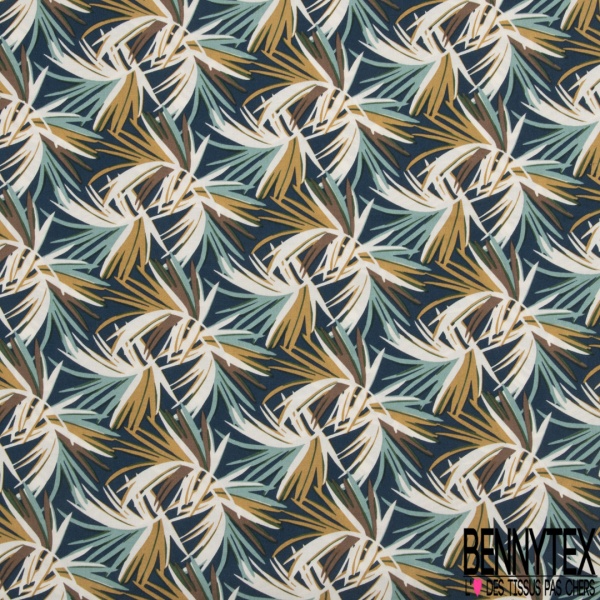 Toile Mayotte viscose imprimé feuillage tropical ocre beige écru framboise poudré fond noir