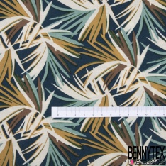 Toile Mayotte viscose imprimé feuillage tropical ocre beige écru framboise poudré fond noir
