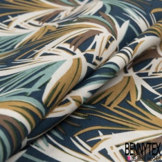 Toile Mayotte viscose imprimé feuillage tropical ocre beige écru framboise poudré fond noir