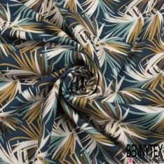Toile Mayotte viscose imprimé feuillage tropical ocre beige écru framboise poudré fond noir