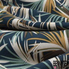 Toile Mayotte viscose imprimé feuillage tropical ocre beige écru framboise poudré fond noir