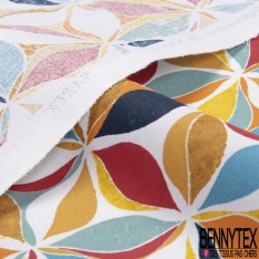 Coton Crétonne imprimé floral esprit carreaux de ciment ton bleu