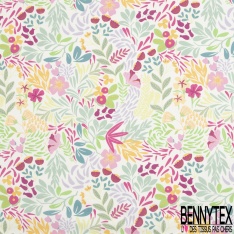 Coton Crétonne imprimé fleur champêtre sauvage naïve or de pépite turquoise lagon kaki framboise fond blanc discret
