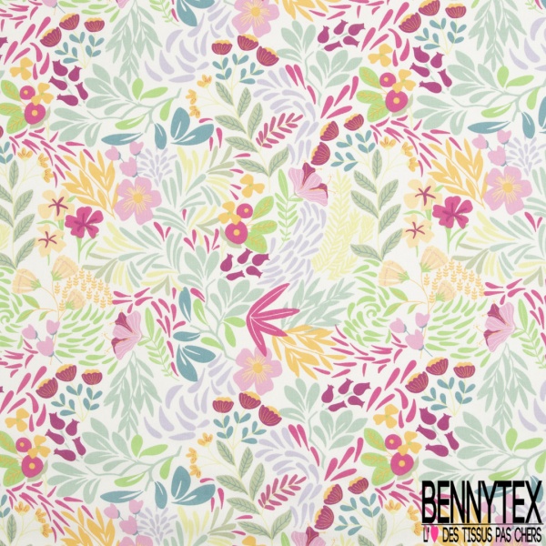 Coton Crétonne imprimé fleur champêtre sauvage naïve or de pépite turquoise lagon kaki framboise fond blanc discret