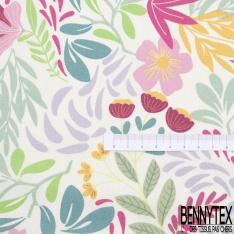 Coton Crétonne imprimé fleur champêtre sauvage naïve or de pépite turquoise lagon kaki framboise fond blanc discret