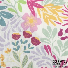 Coton Crétonne imprimé fleur champêtre sauvage naïve or de pépite turquoise lagon kaki framboise fond blanc discret