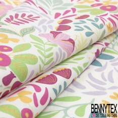 Coton Crétonne imprimé fleur champêtre sauvage naïve or de pépite turquoise lagon kaki framboise fond blanc discret