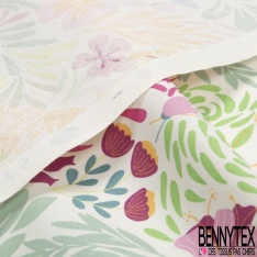 Coton Crétonne imprimé fleur champêtre sauvage naïve or de pépite turquoise lagon kaki framboise fond blanc discret