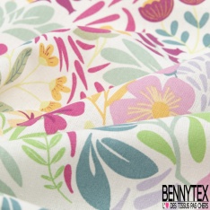Coton Crétonne imprimé fleur champêtre sauvage naïve or de pépite turquoise lagon kaki framboise fond blanc discret