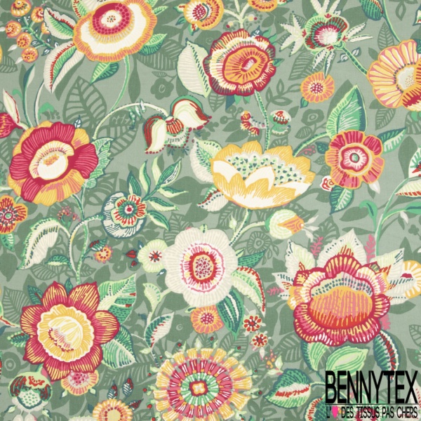 Coton Crétonne grand imprimé floral folklorique multicolore fond rouge fantaisie floral ombré