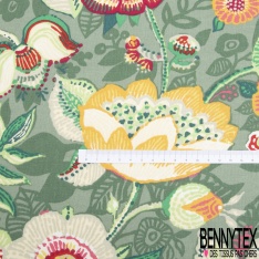 Coton Crétonne grand imprimé floral folklorique multicolore fond rouge fantaisie floral ombré