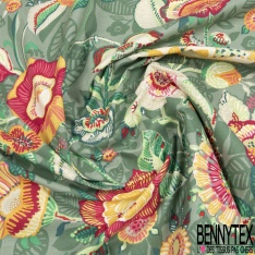 Coton Crétonne grand imprimé floral folklorique multicolore fond rouge fantaisie floral ombré