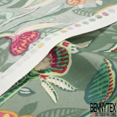 Coton Crétonne grand imprimé floral folklorique multicolore fond rouge fantaisie floral ombré