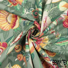 Coton Crétonne grand imprimé floral folklorique multicolore fond rouge fantaisie floral ombré