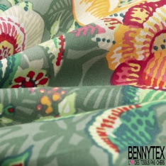 Coton Crétonne grand imprimé floral folklorique multicolore fond rouge fantaisie floral ombré