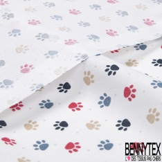 Toile lorraine coton imprimé empreinte de chien nuit indigo rouge beige fond blanc discret