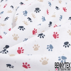 Toile lorraine coton imprimé empreinte de chien nuit indigo rouge beige fond blanc discret