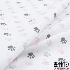 Toile lorraine coton imprimé empreinte de chien rose poudré rose dragée gris anthracite souris fond blanc discret