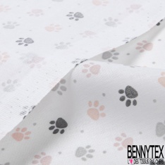 Toile lorraine coton imprimé empreinte de chien rose poudré rose dragée gris anthracite souris fond blanc discret