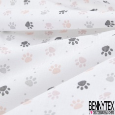 Toile lorraine coton imprimé empreinte de chien rose poudré rose dragée gris anthracite souris fond blanc discret