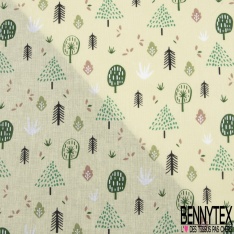 Toile lorraine coton imprimé forêt diverse fantaisie fond mastique