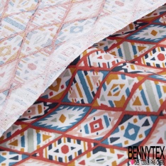 Toile lorraine coton imprimé abstrait africain ton indigo jade jaune or orange fond blanc