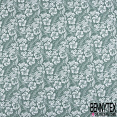 Toile lorraine coton imprimé tropical blanc fond vert céladon façon toile de Jouy