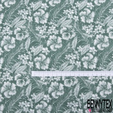 Toile lorraine coton imprimé tropical blanc fond vert céladon façon toile de Jouy