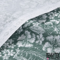 Toile lorraine coton imprimé tropical blanc fond vert céladon façon toile de Jouy